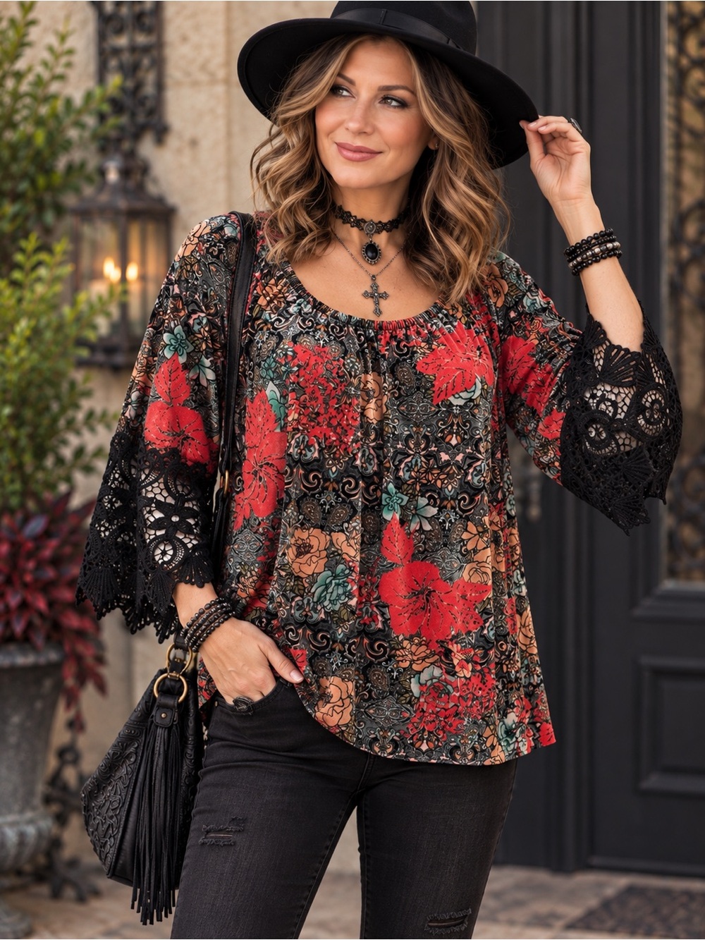 𝘼𝙡𝙞 𝙈𝙞𝙡𝙚𝙨 Top 1X Velvet Feel Floral Tunic Black Lace Bell Sleeves Whimsigoth